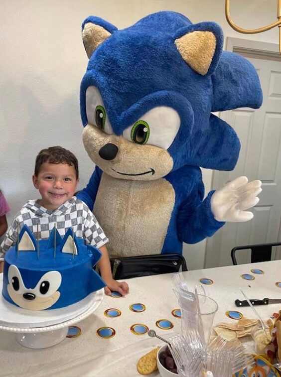 Child with Sonic mascot and themed cake.