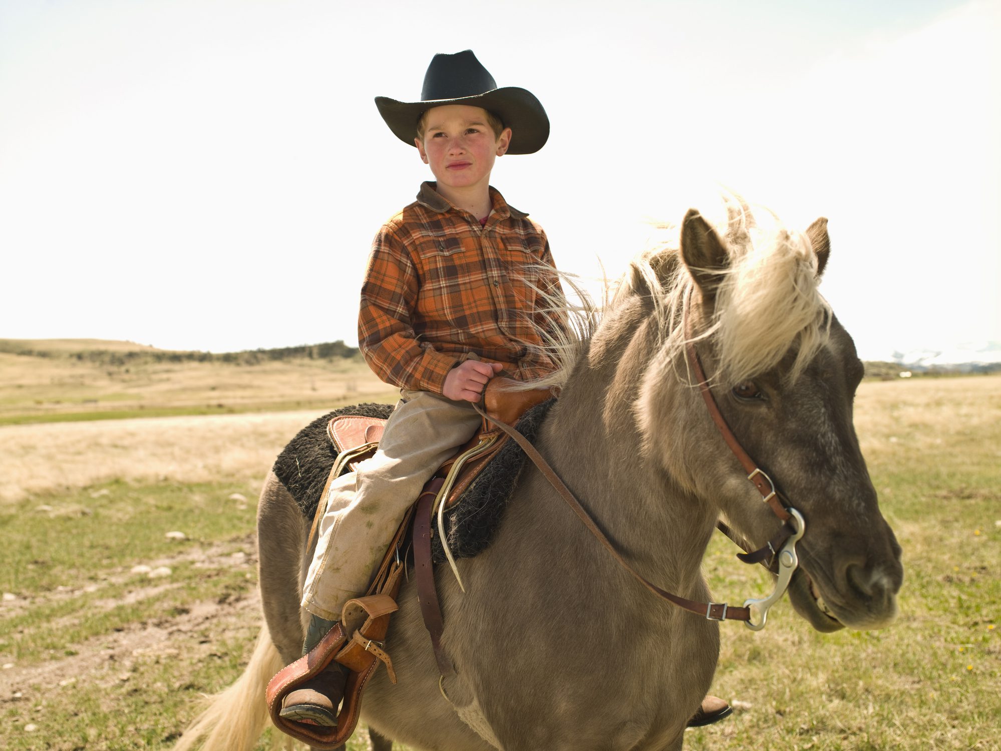 Young boy in a cowboy hat riding a horse in an open field.