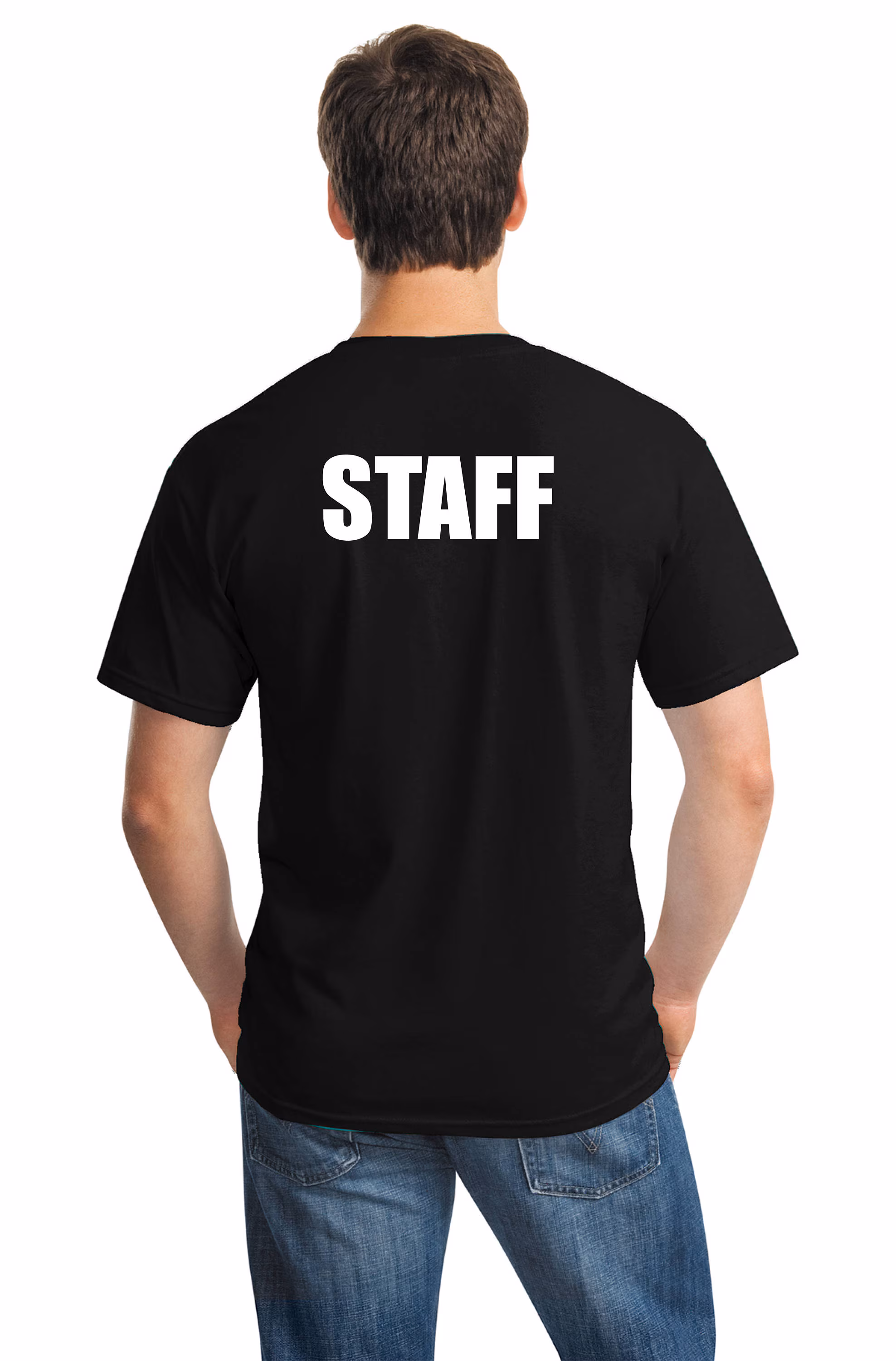 Person wearing a black staff t-shirt shown from the back.