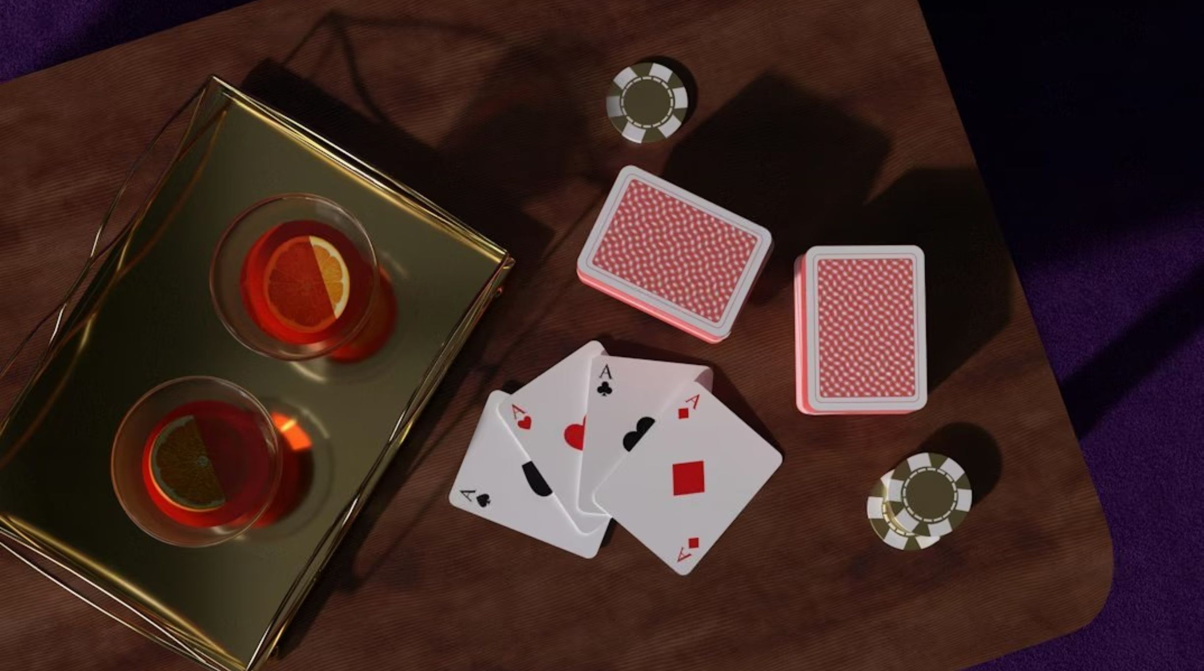 Poker chips and playing cards on a wooden table.
