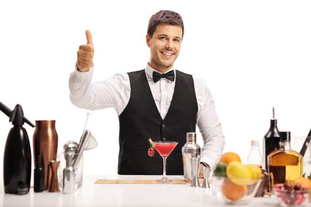 Bartender making a thumb up sign isolated on white background