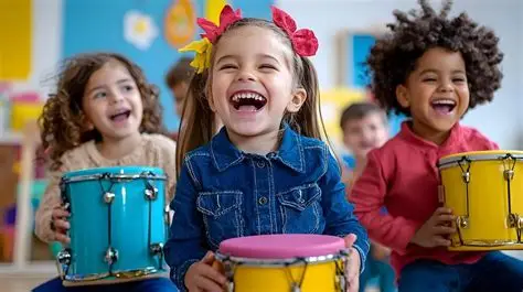 Laughing children playing colorful drums in classroom