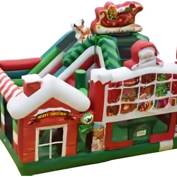 Inflatable Christmas-themed house decoration with festive details.