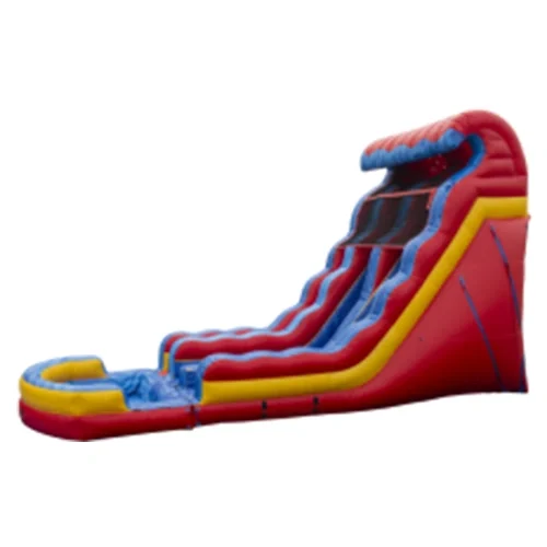Inflatable water slide with colorful design.