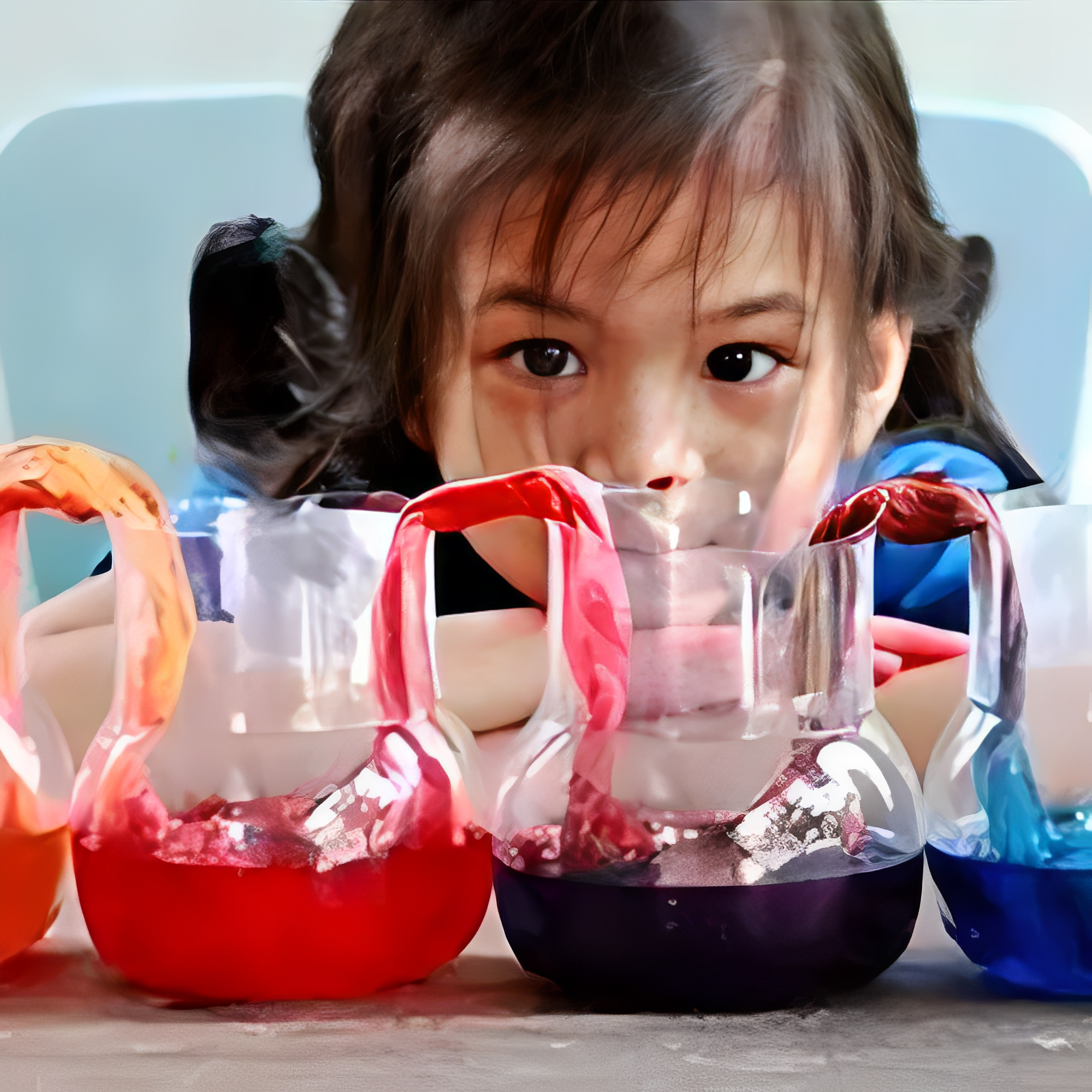Child observing colorful liquid in glass jars.
