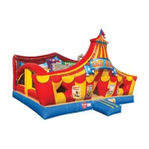 Colorful inflatable circus-themed bounce house.