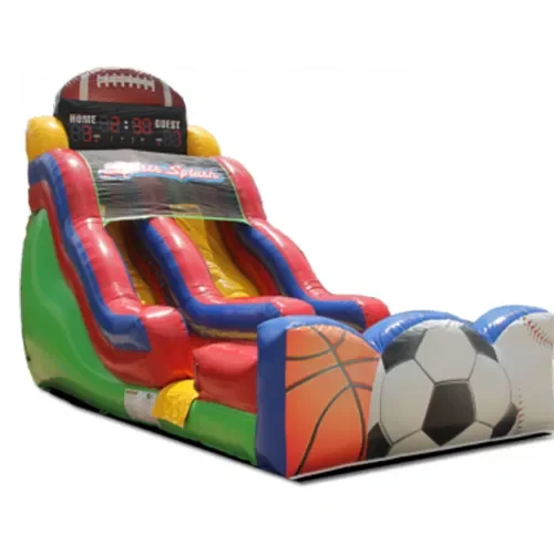 Inflatable sports-themed slide with colorful design.